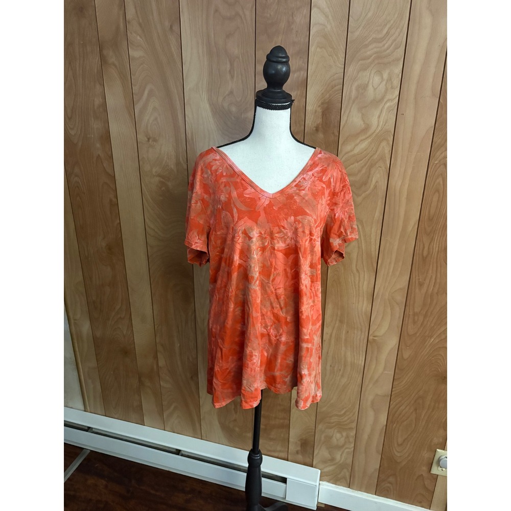 Glima Womens Orange Tropical Floral V-Neck Short Sleeve 100% Cotton Top
